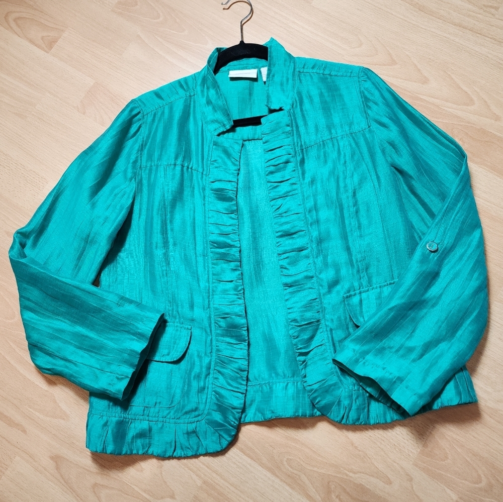 Chico's Linen Blend Green Sheen Open Front Jacket Size 1 Small Size 8 Roll Tab